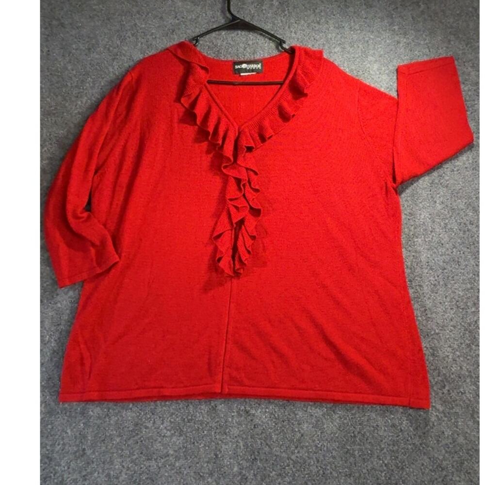 Sag Harbor Woman Ruffle V-Neck Cardigan Knit Sweater Solid Red Size XL